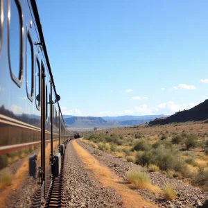 Residents celebrating the arrival of a train in Tres Piedras, New Mexico.