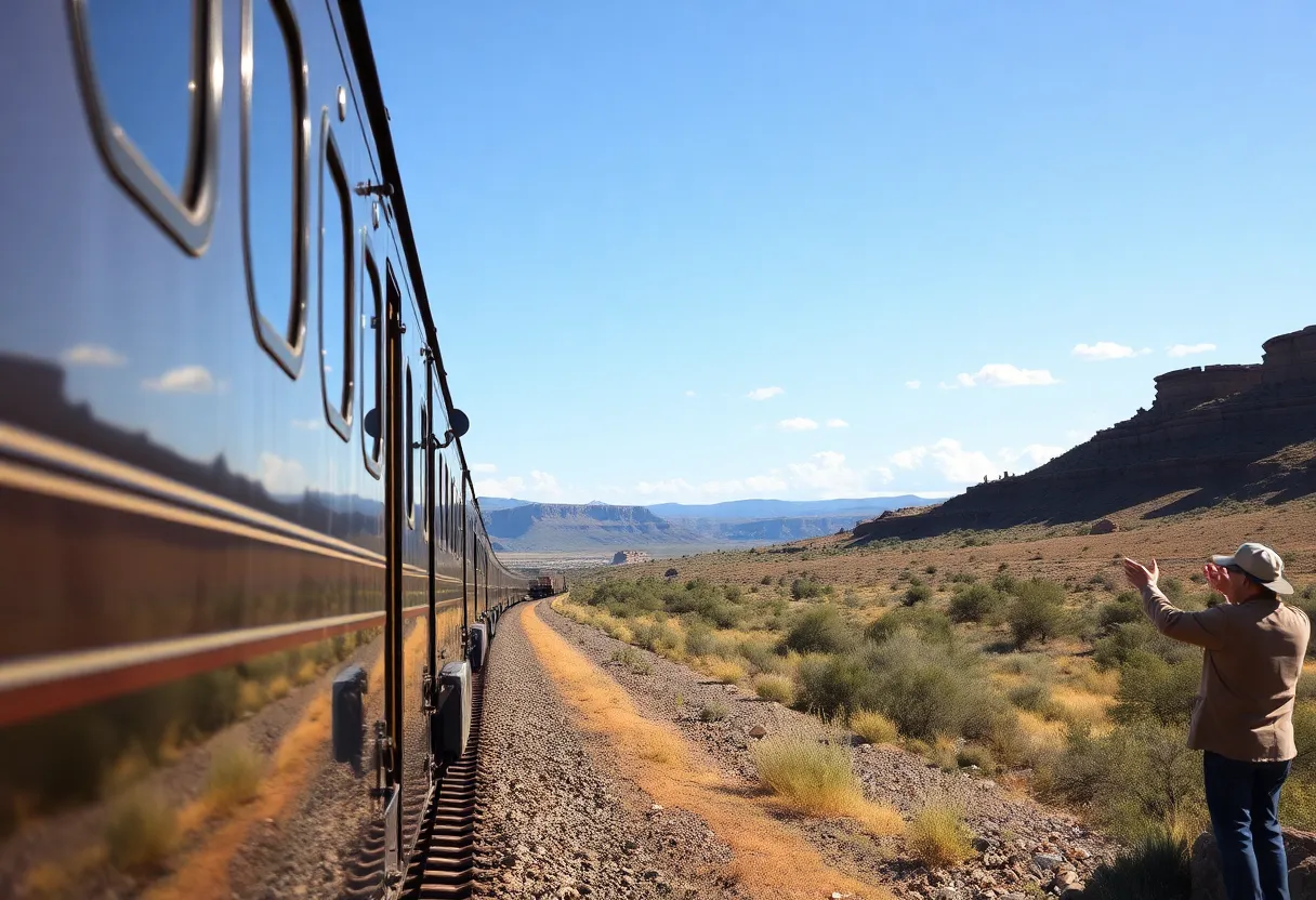 Residents celebrating the arrival of a train in Tres Piedras, New Mexico.