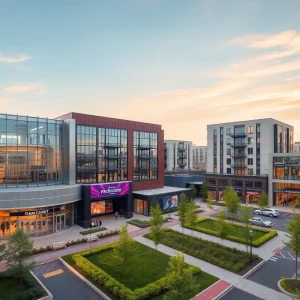 Aerial view of Trinity Oaks mixed-use development site with movie theater and green spaces.