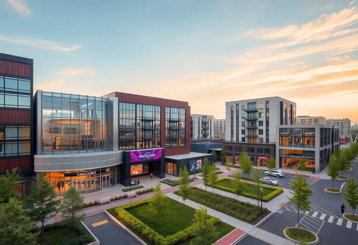 Aerial view of Trinity Oaks mixed-use development site with movie theater and green spaces.
