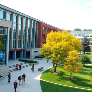 Trinity University campus view with students