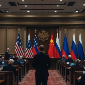 Geopolitical summit with US and Russian flags