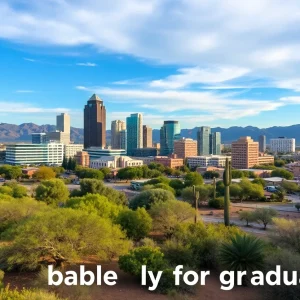 Skyline of Tucson, Arizona with desert background