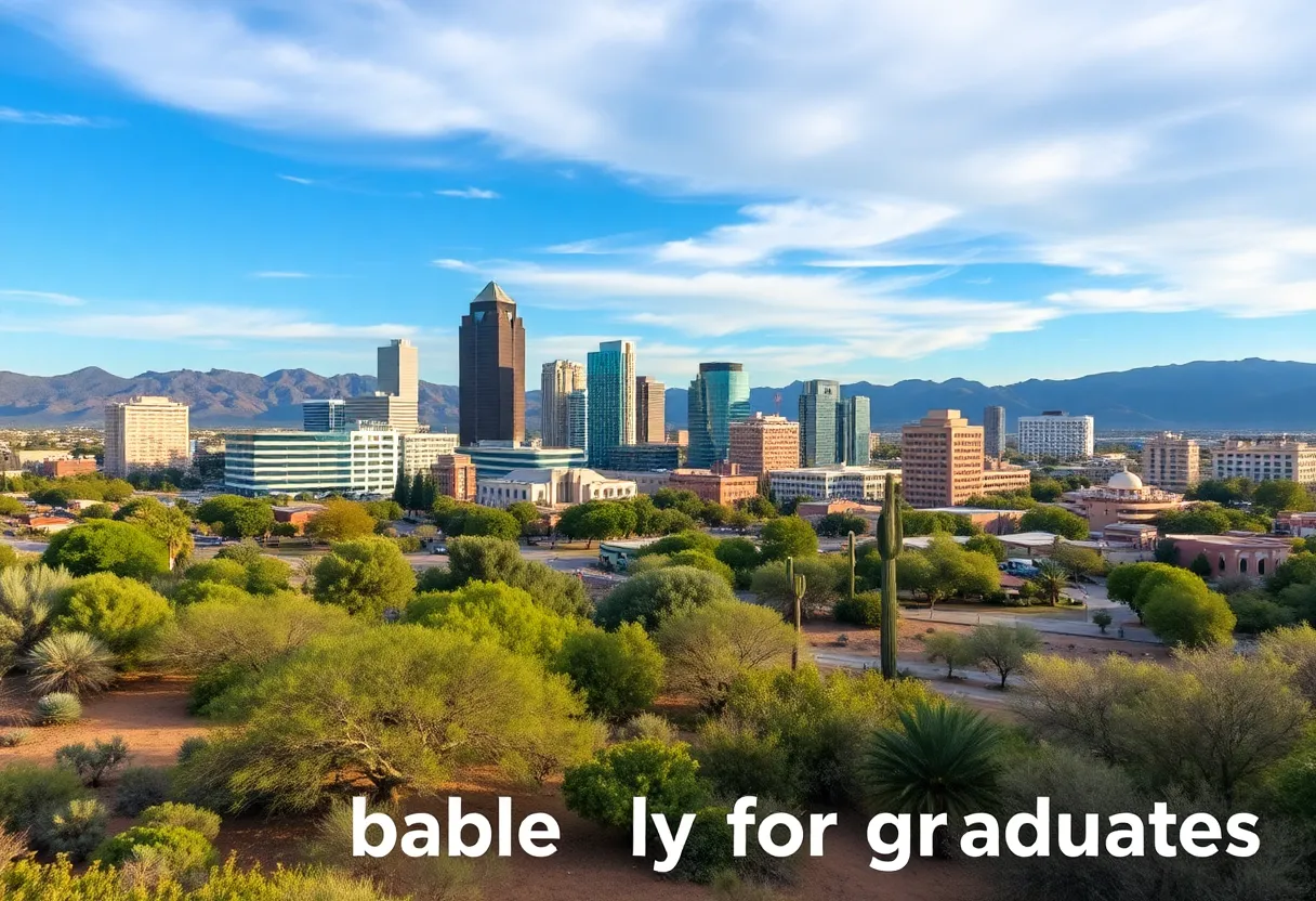 Skyline of Tucson, Arizona with desert background