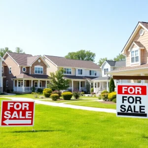Suburban neighborhood with homes and for sale signs