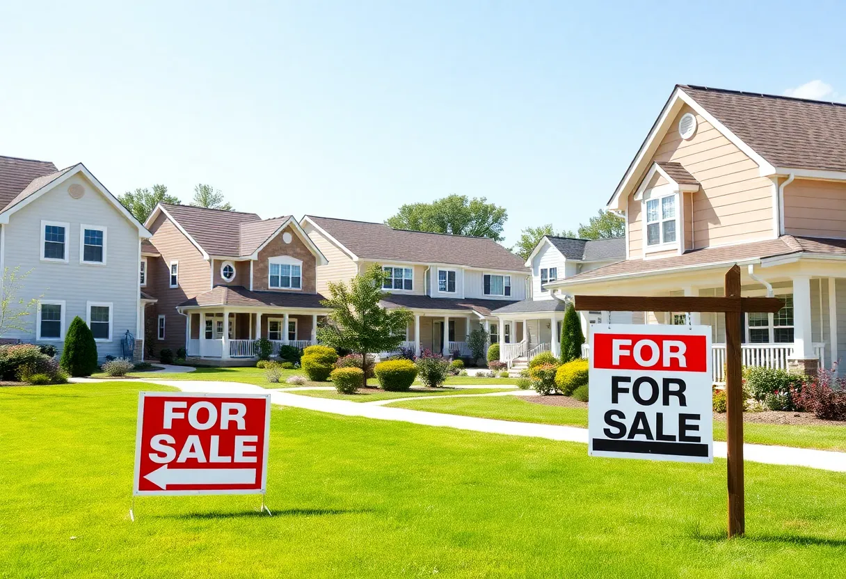 Suburban neighborhood with homes and for sale signs