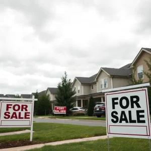 A suburban neighborhood showing homes for sale, representing the housing market slowdown.