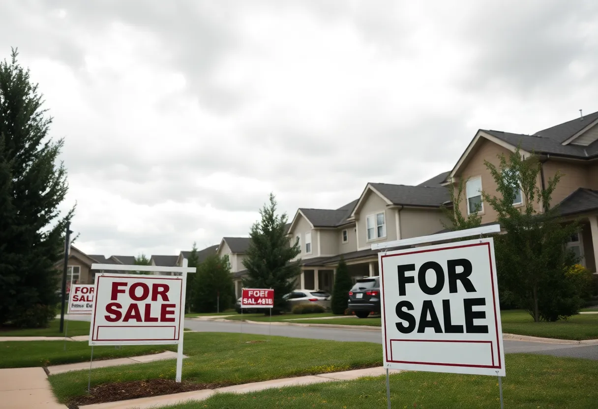 A suburban neighborhood showing homes for sale, representing the housing market slowdown.