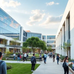 A vibrant campus view of the University of Texas at San Antonio with students and modern buildings.