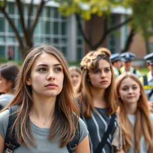 Students on a university campus with police presence responding to a situation