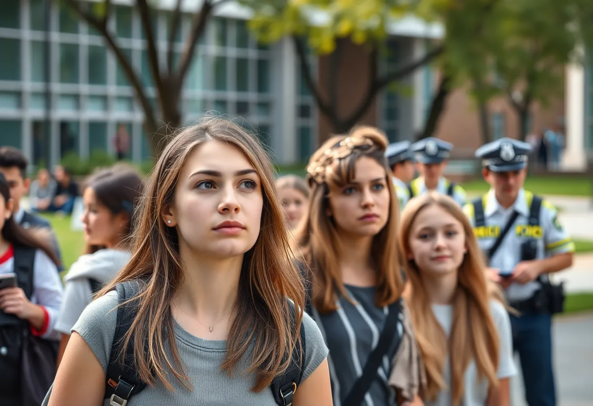 Students on a university campus with police presence responding to a situation