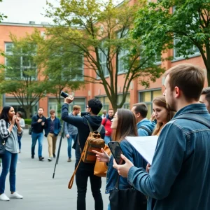 Students on UTSA campus studying journalism
