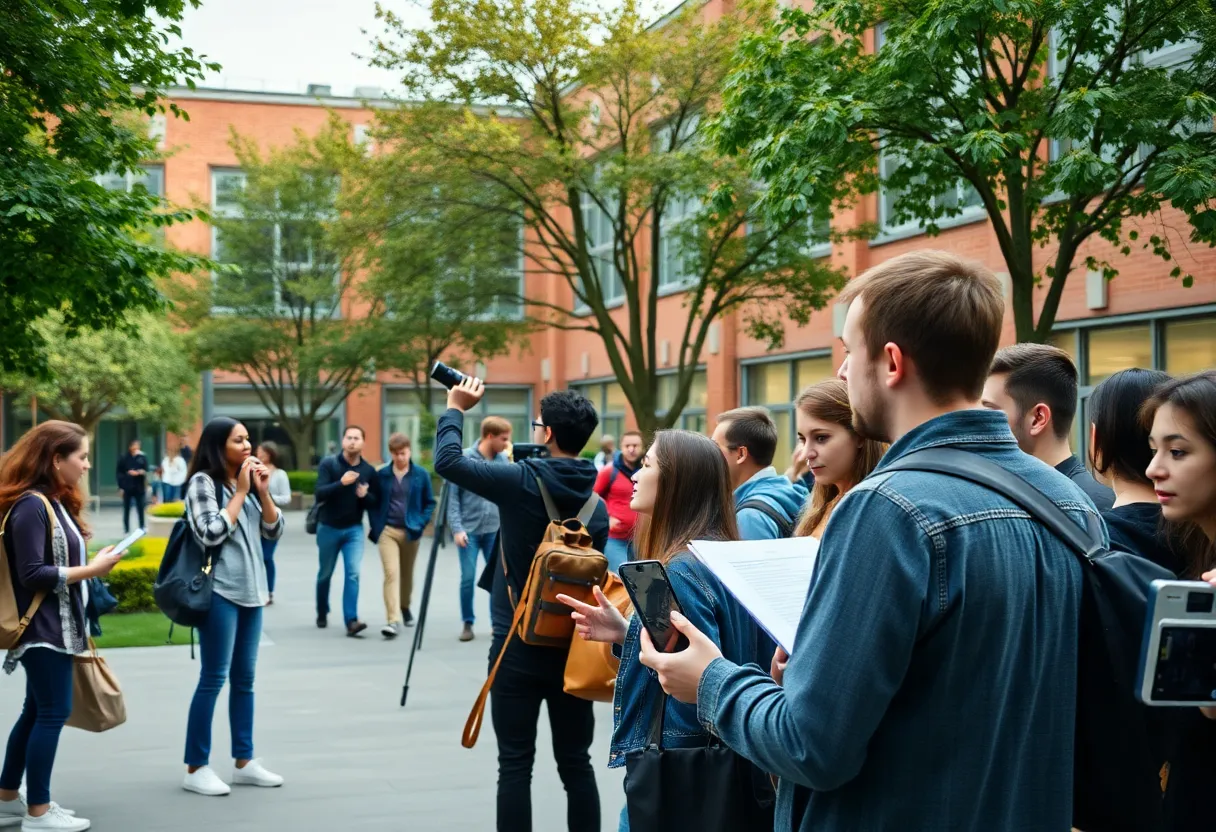 Students on UTSA campus studying journalism
