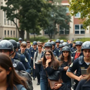 Students evacuating a university campus amidst police presence due to hoax threats.