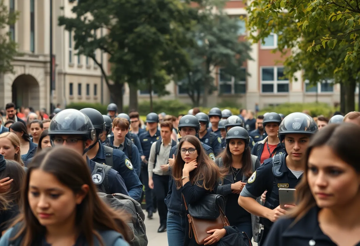 Students evacuating a university campus amidst police presence due to hoax threats.