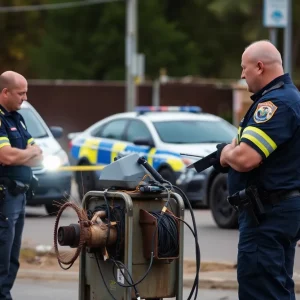 Law enforcement investigating a welding machine theft