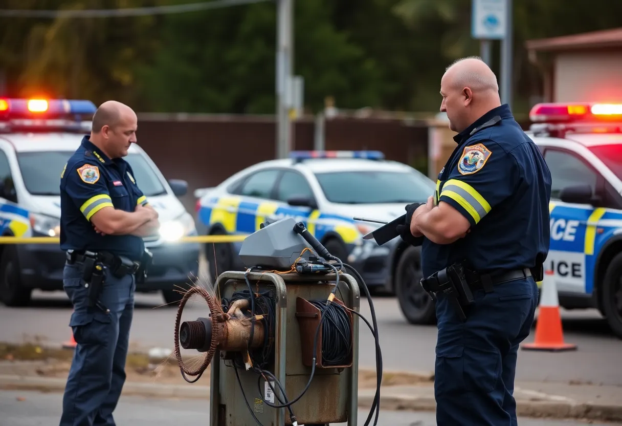 Law enforcement investigating a welding machine theft