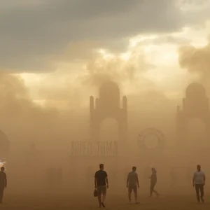 People gathered around a wooden sculpture in the Nevada desert during Burning Man festival