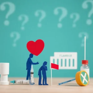 Abstract representation of public health changes with vaccine symbols.