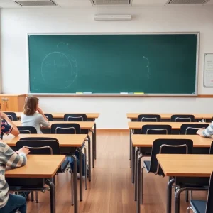 Classroom environment in a charter school with desks and a chalkboard
