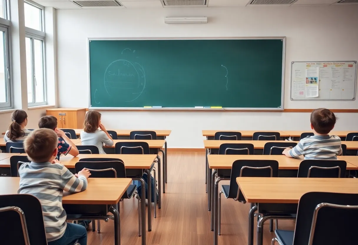 Classroom environment in a charter school with desks and a chalkboard