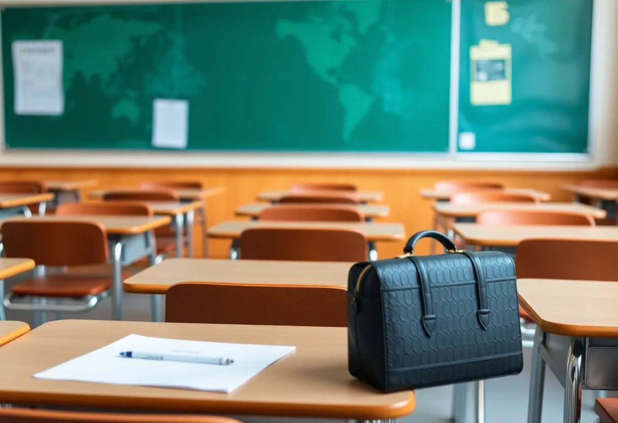 An empty classroom desk symbolizing safety concerns