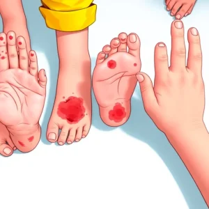 Illustration showing red sores on children's hands and feet representing hand, foot, and mouth disease.