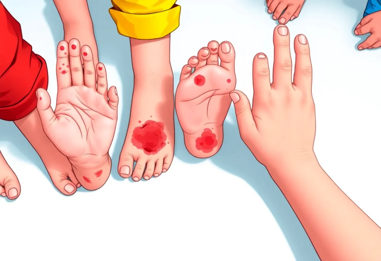 Illustration showing red sores on children's hands and feet representing hand, foot, and mouth disease.