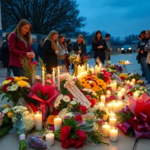 Memorial scene at a high school for a beloved ASL teacher.
