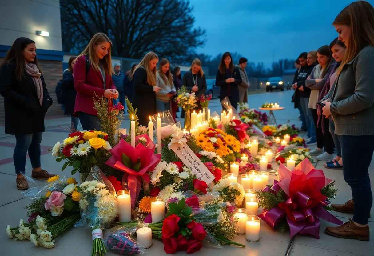 Memorial scene at a high school for a beloved ASL teacher.