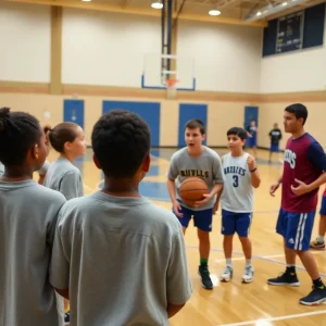 San Antonio Spurs players engaging with students during a surprise visit at a school gym.