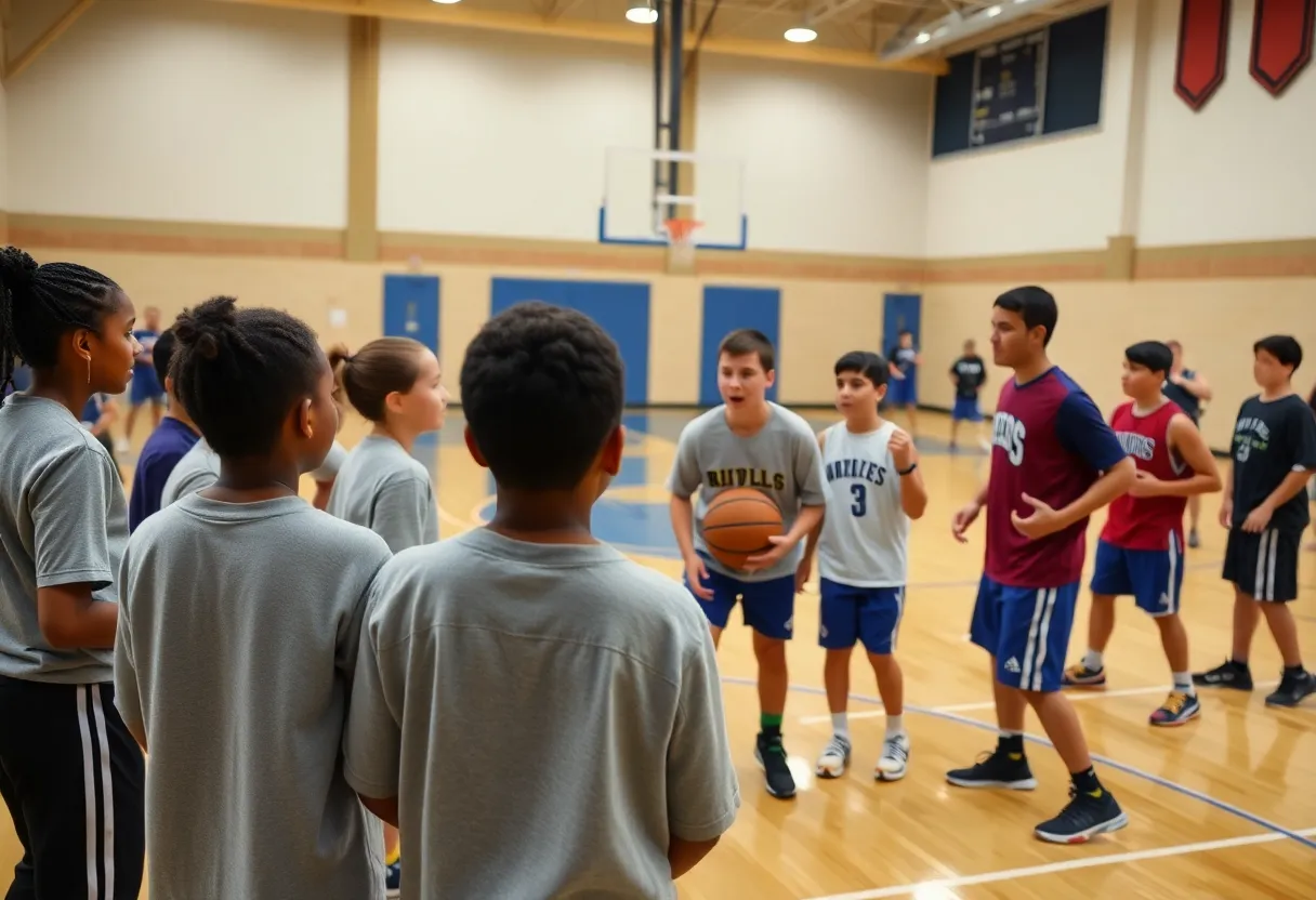 San Antonio Spurs players engaging with students during a surprise visit at a school gym.