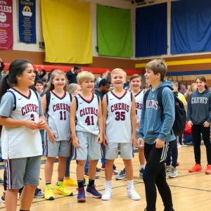 San Antonio Spurs engaging with high school students in a gymnasium.