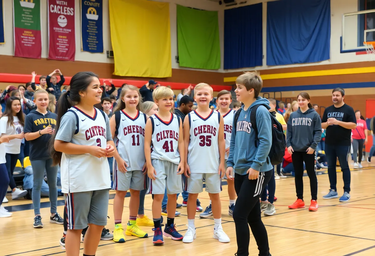 San Antonio Spurs engaging with high school students in a gymnasium.