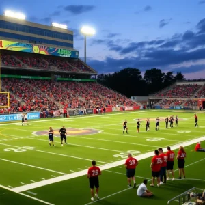 Texas high school football game atmosphere with fans and players