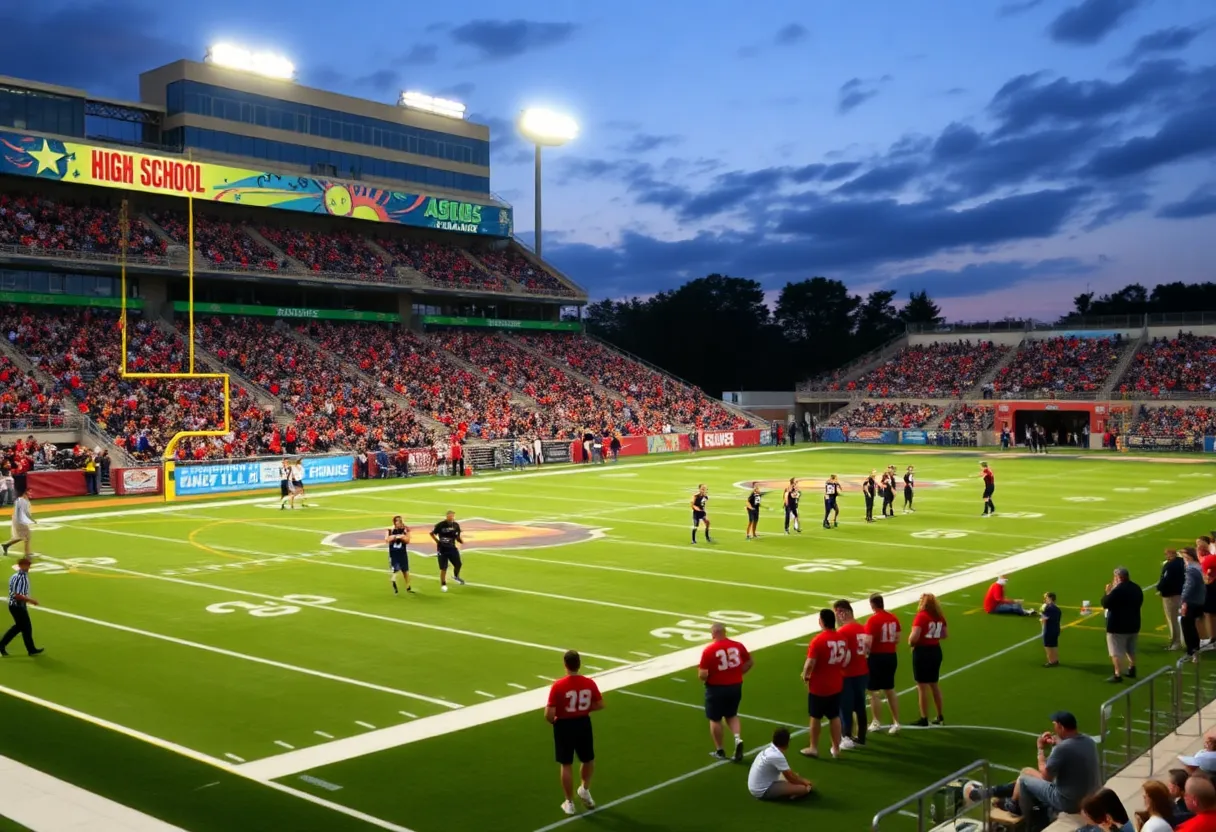 Texas high school football game atmosphere with fans and players