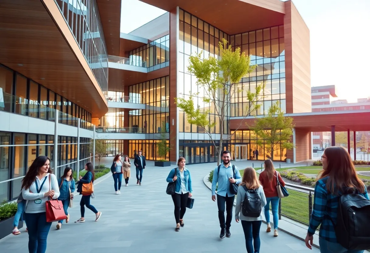 Collapsed view of UT San Antonio campus with students and educators