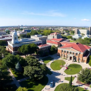 Aerial view of the UT San Antonio campus with students in action