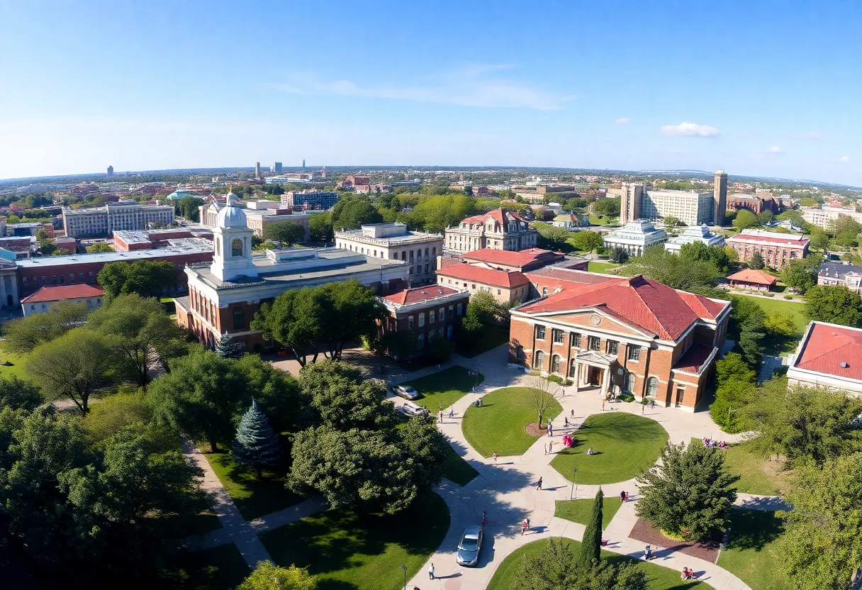 Aerial view of the UT San Antonio campus with students in action