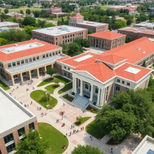 Aerial view of UT San Antonio campus with students and buildings.