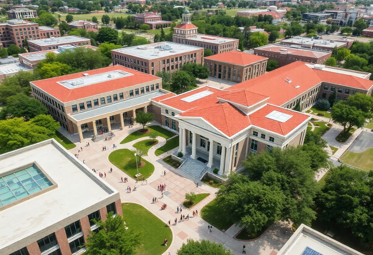 Aerial view of UT San Antonio campus with students and buildings.