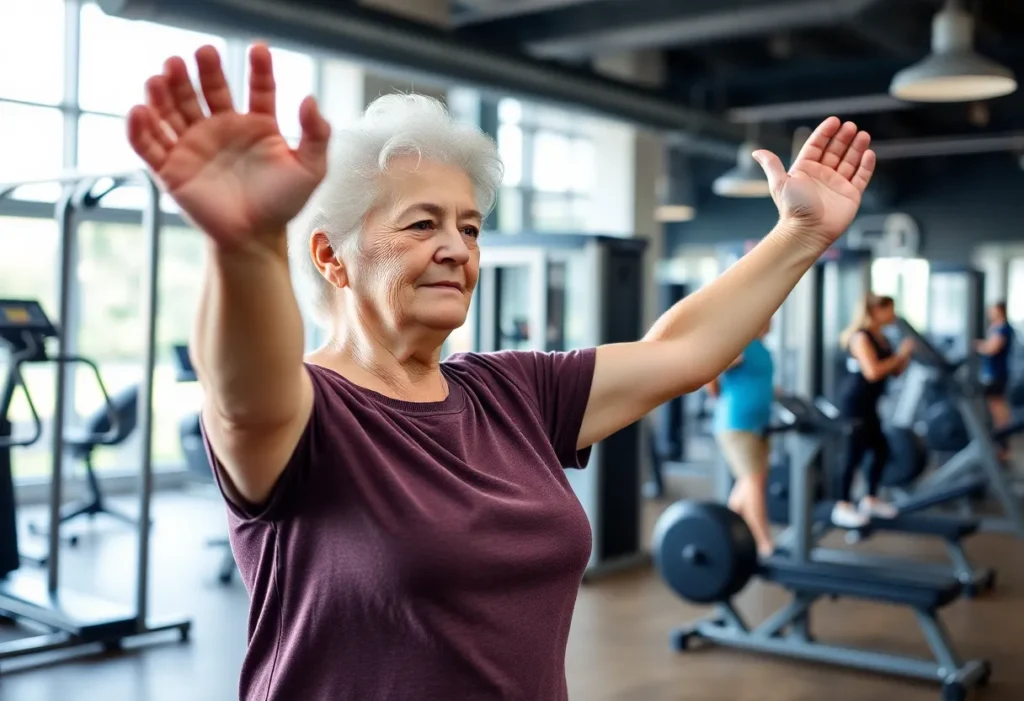 A 90-year-old woman engaging in a workout at a gym, surrounded by diverse gym-goers.
