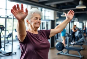 A 90-year-old woman engaging in a workout at a gym, surrounded by diverse gym-goers.