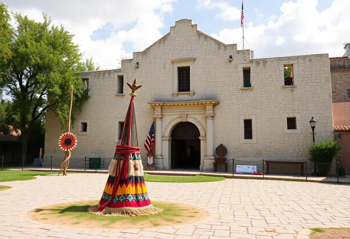 The Alamo with symbols of Indigenous culture, representing diversity.