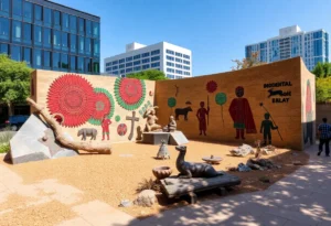 Representation of the Alamo with Indigenous cultural elements.
