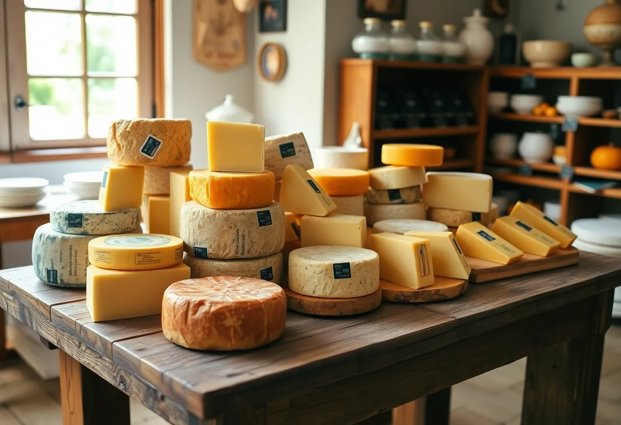 A selection of artisan cheeses presented aesthetically in a creamery.