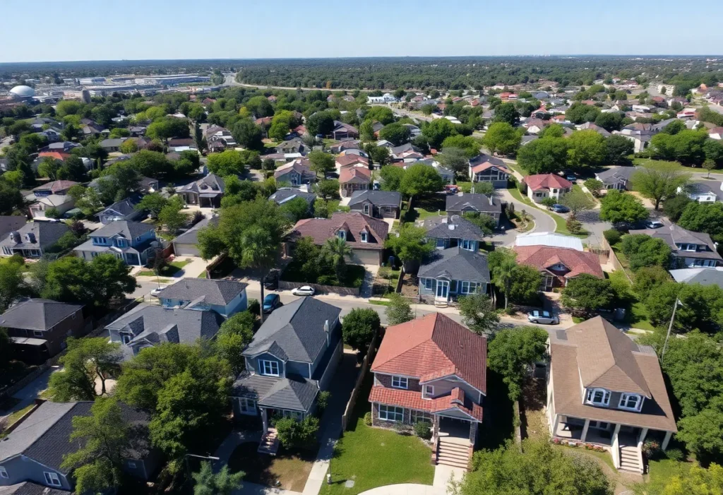 Aerial view of a vibrant neighborhood in Austin showcasing various homes.