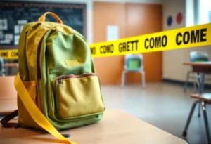 Backpack on a school desk with caution tape