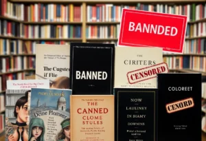 A visual representation of banned books in a library setting with censorship stamps.