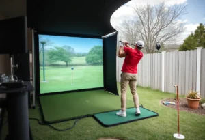 Mobile golf simulator setup in San Antonio backyard.